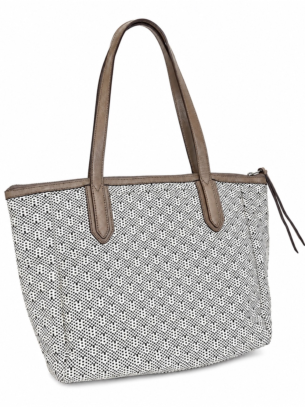 Fossil Sydney Woven Tote Bag Beige Black Checkerboard Zip Top Shoulder Bag luxe